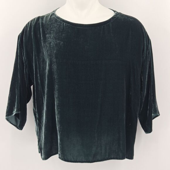 Eileen Fisher Bateau Boxy Top Womens Size Large Green Velvet Holiday Christmas - Picture 2 of 7